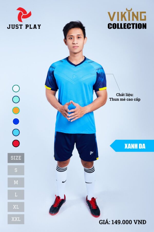 Áo bóng đá không logo thiết kế Just Play VIKING vải mè cao cấp màu Xanh Da
